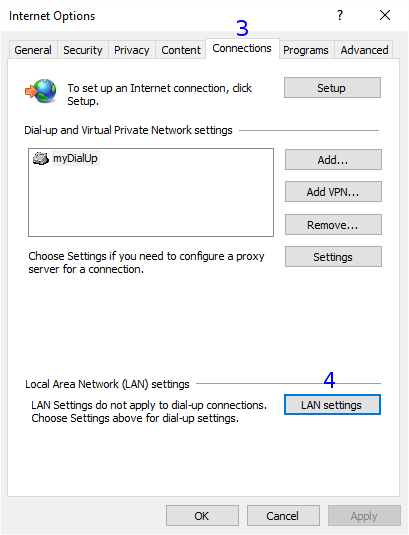 Internet Explorer: Internet Options / Connections / Network (LAN)
