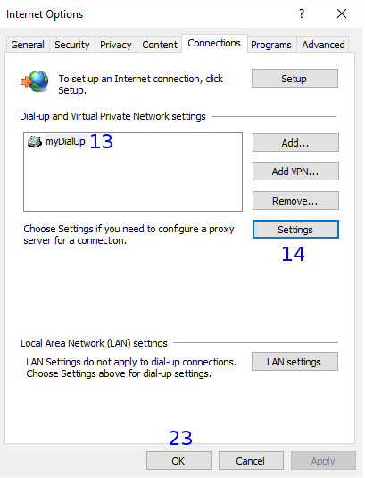 Internet Explorer: Internet Options / Connections / Dial-up