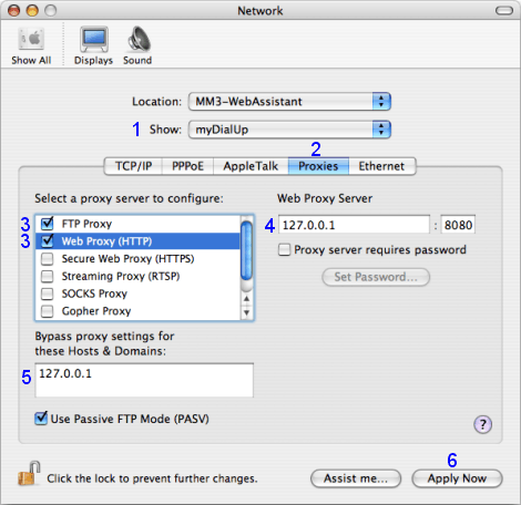 Mac OS X: Network / myDialUp / Proxies