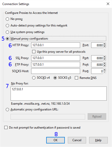 Connection settings in Firefox